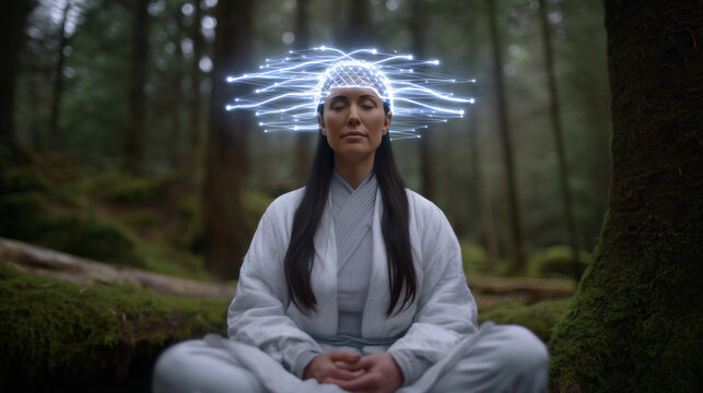 Woman meditating in forest with brain wave visualization headset, neural connection concept. Mindfulness meditation and mental health technology, neuroscience and consciousness exploration. - Powered by Adobe