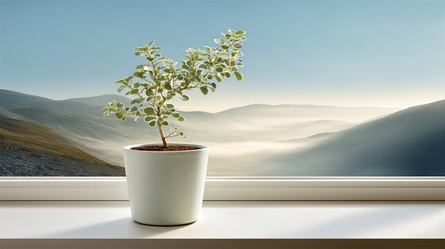 Fototapeta Small potted plant on windowsill with scenic mountain landscape view. Indoor gardening concept featuring green houseplant in minimalist white pot, perfect for eco-friendly home decor themes.