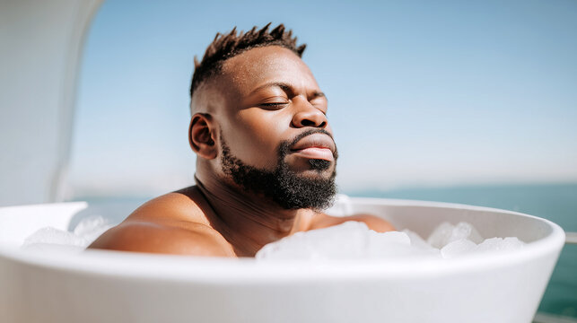 Man relaxing in ice bath pod with eyes closed during cold water therapy outdoors. Athletic recovery treatment with ocean view. Wellness cryotherapy for muscle healing and mental health.
