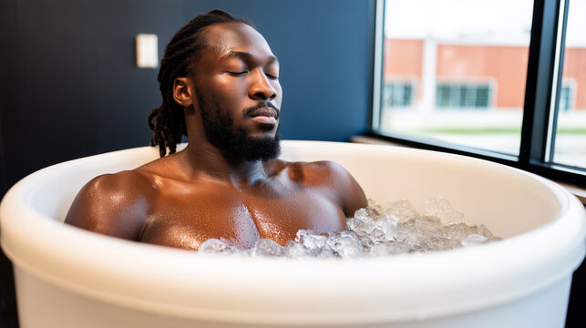 Man relaxing in ice bath pod with eyes closed during cold water therapy session. Athletic recovery treatment with ice cubes in modern wellness spa facility with natural window light. - Powered by Adobe