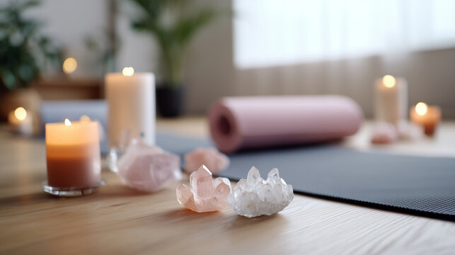Healing crystal setup for yoga and meditation. Rose quartz and clear quartz with candles. Spiritual wellness therapy stones. Holistic health and mindfulness practice relaxation space.