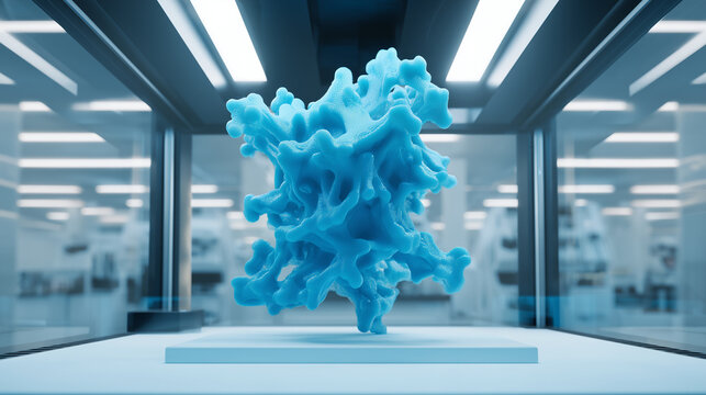 Blue protein molecule structure in modern laboratory setting. Scientific biotechnology research visualization. Abstract molecular chemistry model for medical and pharmaceutical innovation concept.