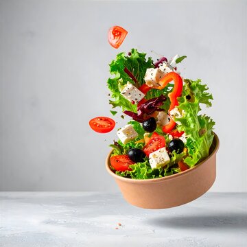 Ein farbenfroher Salat, der &uuml;ber einer bio Sch&uuml;ssel auf grauem Hintergrund zu schweben scheint.