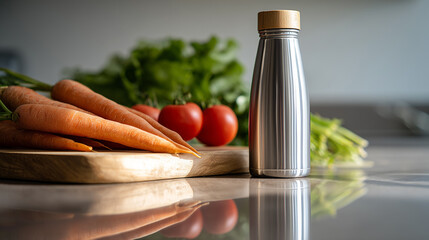 Reusable steel water bottle with bamboo cap next to fresh organic vegetables on kitchen counter. Sustainable lifestyle, eco-friendly hydration, zero waste living, healthy eating concept.