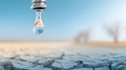 Water drop from faucet over cracked dry earth. Water scarcity, drought, conservation concept. Environmental crisis, climate change impact, precious resource management, sustainable usage awareness.