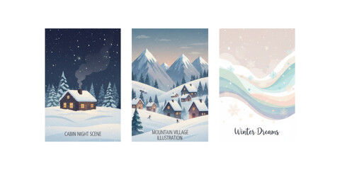 Winter cabin night scene, snowy mountain village, abstract winter dreams