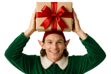 Elf holding gift box over head. Holiday joy and fun.