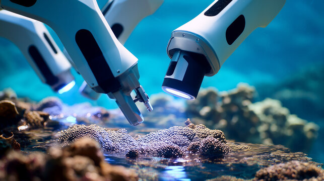 Underwater robotic arms illuminating polymetallic nodules on ocean floor. Deep sea mining equipment with lights examining mineral deposits and spherical formations on seabed surface.