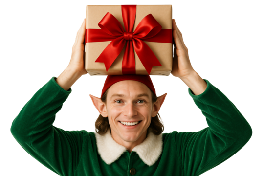 Elf holding gift box over head. Holiday joy and fun.