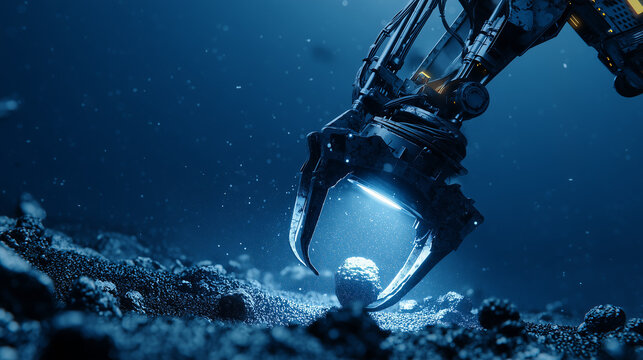 Underwater robotic claw collecting polymetallic nodules from ocean floor. Deep sea mining gripper with illumination extracting mineral resources and sediment in dark depths with particles.