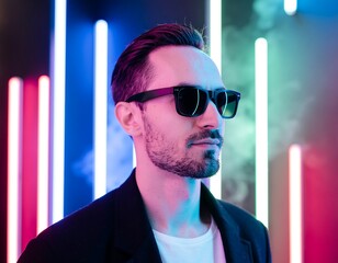 Stylish man in cool sunglasses stands confidently against a dynamic backdrop of vibrant blue, pink, and red neon lights, creating a modern and mysterious nightlife atmosphere with a subtle smoky haze