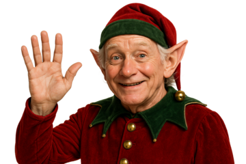 Elf waving hand and smiling. Christmas spirit.