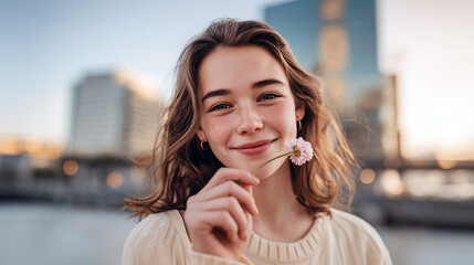 Happy teenage girl holding pink flower in urban city at sunset. Smiling young woman with brown hair, beige sweater, natural beauty portrait with blurred cityscape background and bokeh lights.