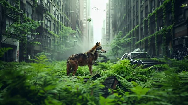 Destroyed ruins abandoned buildings apocalypse scene of city. A vivid portrayal of a wolf standing amidst a lush, verdant urban environment. The wolfs fur is a mix of brown and gray.
