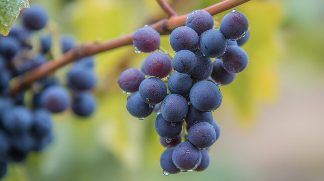 Close-up of ripe Dolcetto grapes with morning dew against a soft-focus vineyard in natural sunlight. menu design.