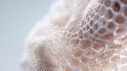 Fototapeta premium Artificial skin with hexagonal cellular structure for medical transplantation. Bioengineered tissue showing detailed network pattern for regenerative medicine, wound healing, skin graft development.
