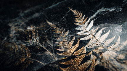 Fossil fern imprints preserved in dark sedimentary rock. Ancient prehistoric plant specimens showing detailed leaf patterns from millions of years ago. Paleobotany and geological heritage.