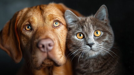 A close up of a golden dog and a grey cat with yellow eyes on a dark background looking at the viewer