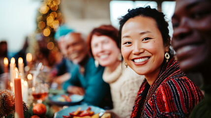 Happy Asian woman smiling at Christmas dinner party with friends. Festive celebration with candles, bokeh tree lights, seasonal decorations. Joyful holiday gathering with diverse group at home.