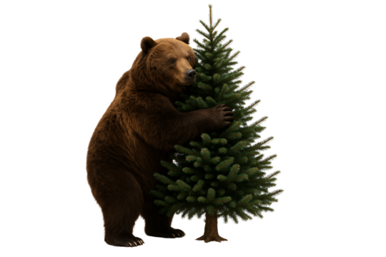 Bear embracing Christmas tree. Festive nature moment. - Powered by Adobe