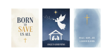 Nativity religious triptych with angel, cross, and Christmas message