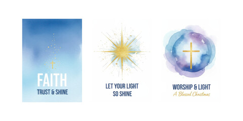 Set of three spiritual cards with faith and light themes