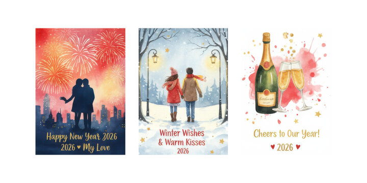 New Year 2026 greeting cards with romantic, festive designs - Powered by Adobe