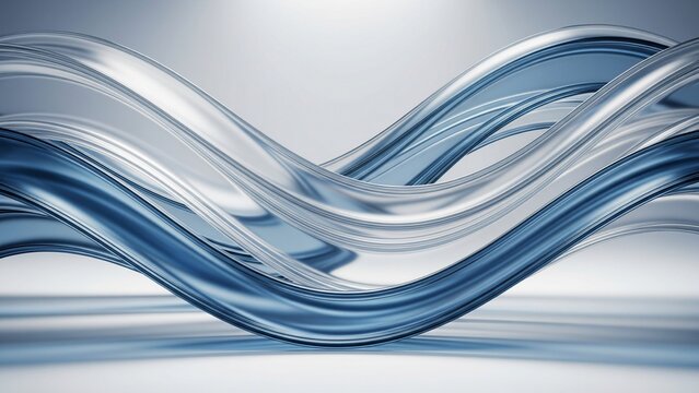 Captivating 3D rendering of interwoven, glossy, reflective blue and silver metallic/glass waves, creating a dynamic, modern abstract sculpture over a light surface.