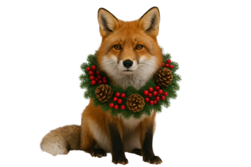 Red fox wearing Christmas wreath. Holiday wildlife portrait.