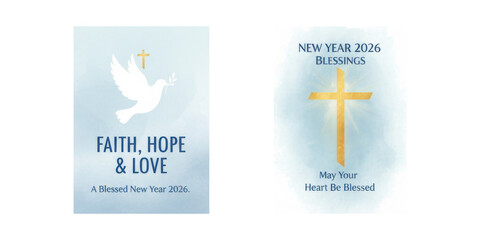 Religious New Year greeting cards with white dove and golden cross