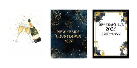 New Year's greeting card designs with champagne, night sky, and vintage clock