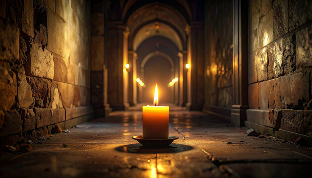 Candlelight in a Dark Stone Hallway 
