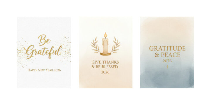 Vertical New Year 2026 greeting cards with gratitude and blessings theme