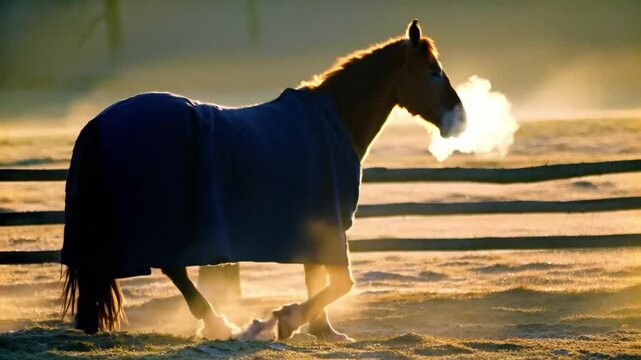 Horse with winter blanket walking in frosty paddock at sunrise, warm light and calm rural morning atmosphere. Concept of care and comfort for animals during winter