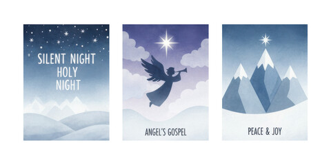 Christmas-themed cards with serene snowy landscapes and angelic figures
