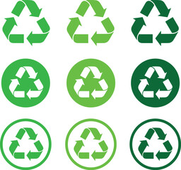 Obraz premium Collection of nine green and white recycling symbols in various circular and triangular formats representing environmental conservation and sustainable resource management for a cleaner planet