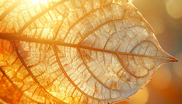 Golden Leaf Veins Illuminated by Sunlight 