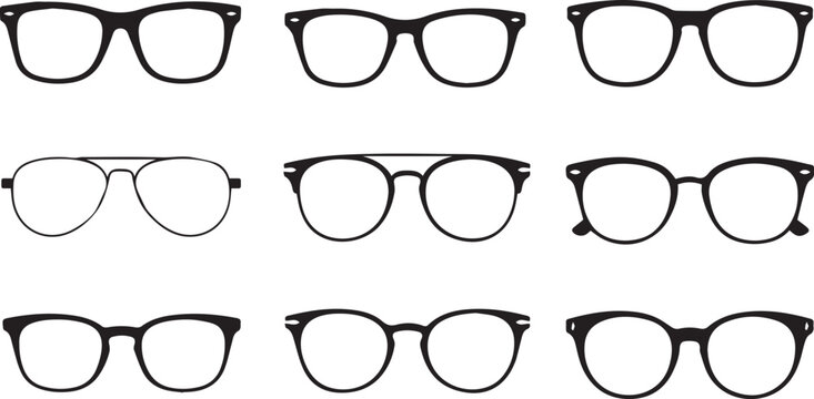 Collection of nine hand drawn vintage and modern eyeglasses and spectacles in a grid layout with black outlines on a white background showcasing diverse frame styles for vision correction and fashion