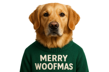 Dog in green sweater “Merry Woofmas”. Christmas pet humor.