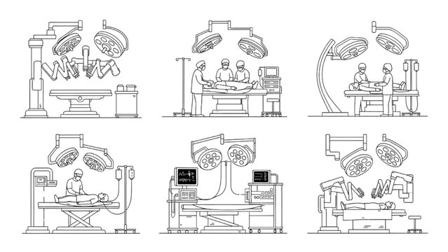 Operating Room Line Icons &mdash; Minimalist Black and White Vector Illustrations of Surgical Procedures, Medical Equipment, and Healthcare Staff