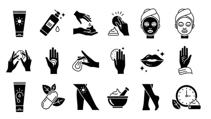 Fototapeta premium Skincare and Beauty Line Icons — Minimalist Black Vector Set of Cosmetic Treatments, Lotion, Face Masks, and Wellness on White Background