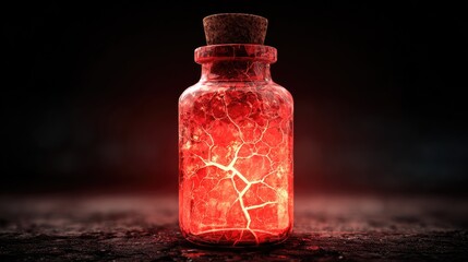Glowing Red Potion in Corked Glass Bottle on Dark Surface