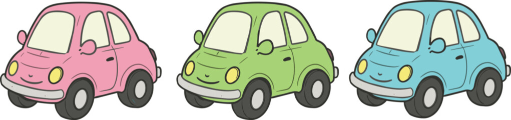 Cute cartoon cars illustration in pink green and blue colors, isolated on white background, adorable vehicle design for kids transportation