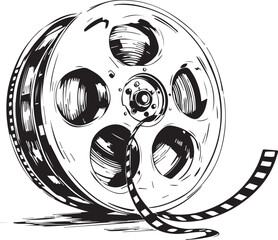 Film reel with unwinding strip and visible frames illustrated in black and white sketch style on white background