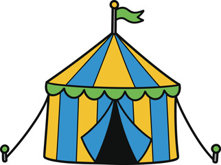 Colorful cartoon circus tent illustration with blue and yellow stripes, green flag on top, isolated on white background, fun festival design