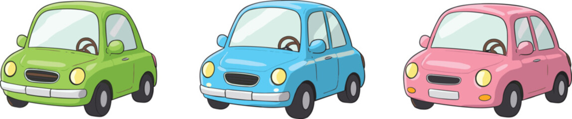 Colorful cartoon cars illustration, cute green blue and pink vehicles, isolated on white background, kids transportation, fun automotive design