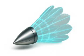 Futuristic shuttlecock blending a metallic bullet-shaped nose with glowing transparent feathers, visualizing advanced sports technology