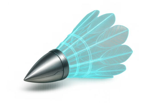 Futuristic shuttlecock blending a metallic bullet-shaped nose with glowing transparent feathers, visualizing advanced sports technology