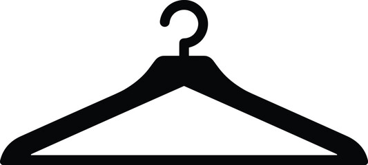 Minimalist black clothes hanger icon isolated on white background, simple wardrobe organization symbol, fashion retail concept, clothing storage vector design