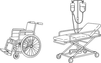Medical transport icons, wheelchair, hospital stretcher, IV stand, patient care equipment, healthcare tools, vector set, black white illustration
